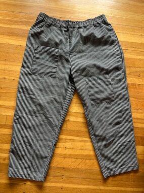 Funky striped loose cotton capri pants asymmetrical pockets elastic waist L BOHO